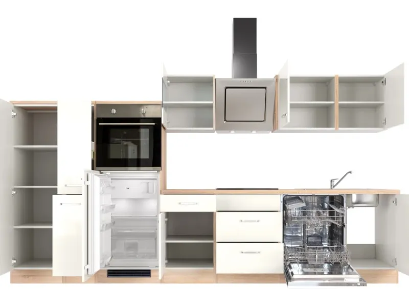 Flex-Well Exclusiv Küchenzeile Valero 360 cm Hochglanz Weiß - Sonoma Eiche< Kochfelder|Kühlschränke