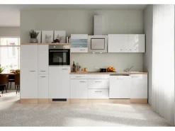 Flex-Well Exclusiv Küchenzeile Valero 360 cm Hochglanz Weiß - Sonoma Eiche< Kochfelder|Kühlschränke