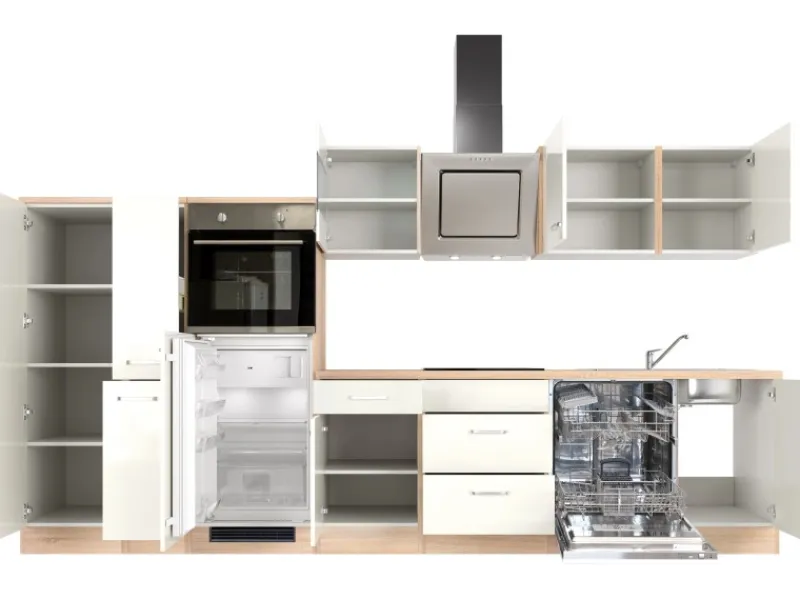 Flex-Well Exclusiv Küchenzeile Valero 360 cm Hochglanz Weiß - Sonoma Eiche< Kochfelder|Kühlschränke