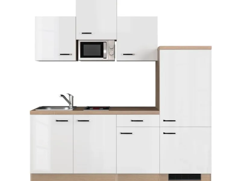New Flex-Well Exclusiv Küchenzeile Valero 210 cm Hochglanz Weiß - Sonoma Eiche