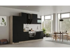 Online Flex-Well Exclusiv Küchenzeile Capri 310 cm Schwarz Matt-Endgrain Oak