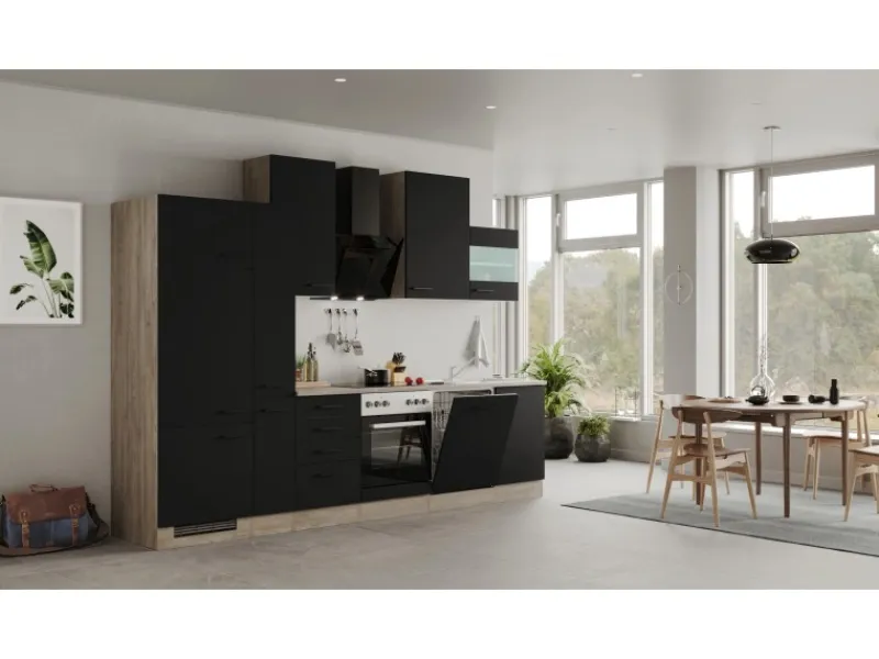 Online Flex-Well Exclusiv Küchenzeile Capri 310 cm Schwarz Matt-Endgrain Oak