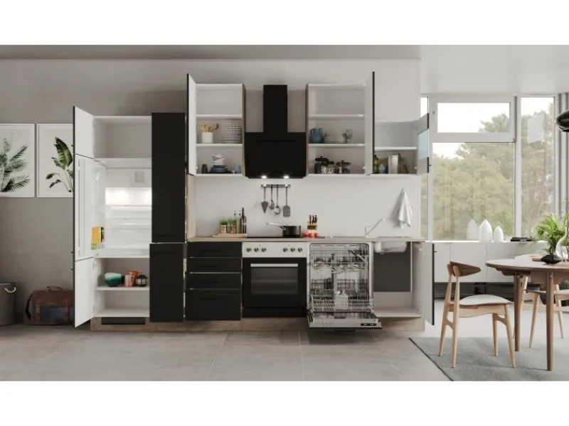 Online Flex-Well Exclusiv Küchenzeile Capri 310 cm Schwarz Matt-Endgrain Oak
