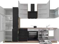 Online Flex-Well Exclusiv Küchenzeile Capri 310 cm Schwarz Matt-Endgrain Oak