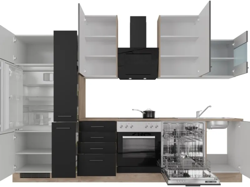 Online Flex-Well Exclusiv Küchenzeile Capri 310 cm Schwarz Matt-Endgrain Oak