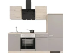 Flex-Well Exclusiv Küchenzeile Arizona 220 cm Quarz Cubanit - San Remo Eiche< Herde|Kühlschränke