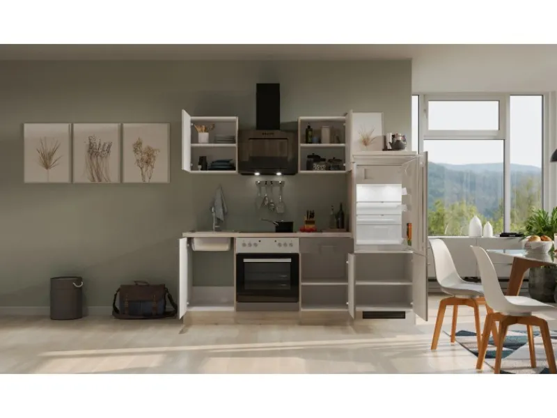 Flex-Well Exclusiv Küchenzeile Arizona 220 cm Quarz Cubanit - San Remo Eiche< Herde|Kühlschränke
