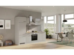 Flex-Well Exclusiv Küchenzeile Lund 270 cm Lichtgrau glänzend-Rauchgrau< Herde|Kühlschränke