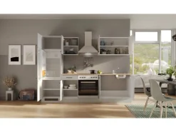 Flex-Well Exclusiv Küchenzeile Lund 270 cm Lichtgrau glänzend-Rauchgrau< Herde|Kühlschränke