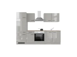Flex-Well Exclusiv Küchenzeile Lund 270 cm Lichtgrau glänzend-Rauchgrau< Herde|Kühlschränke
