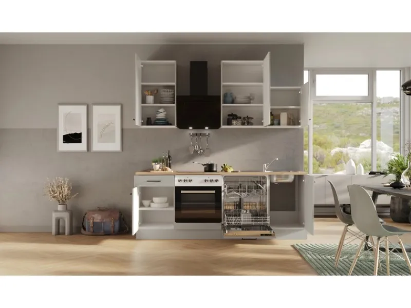 Flex-Well Exclusiv Einbauküchen<Küchenzeile 1701-017 Lund 220 cm Lichtgrau glänzend-Rauchgrau