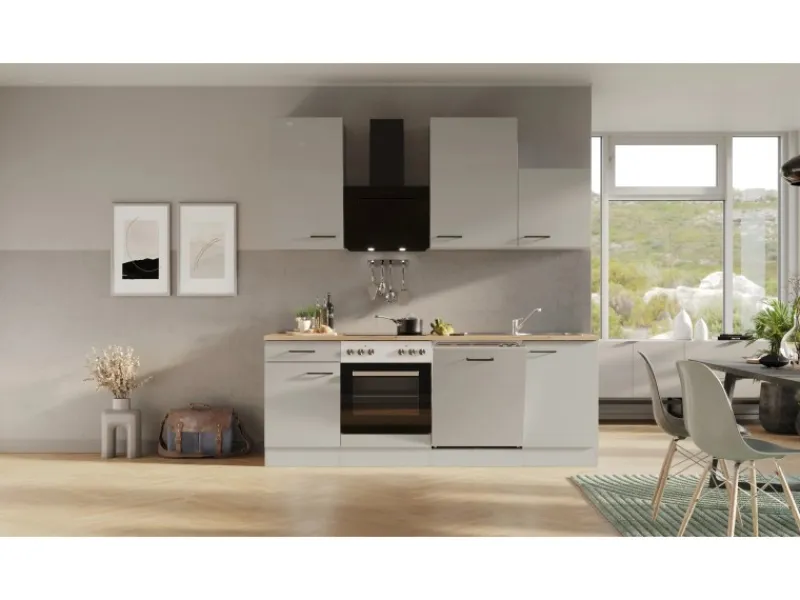 Flex-Well Exclusiv Einbauküchen<Küchenzeile 1701-017 Lund 220 cm Lichtgrau glänzend-Rauchgrau