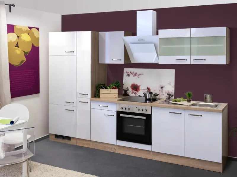 Flex-Well Exclusiv Küchenzeile Valero 300 cm Hochglanz Weiß-Sonoma Eiche< Kühlschränke|Küchenschränke