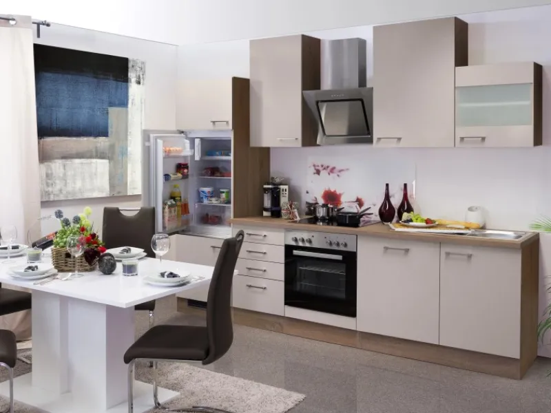 Flex-Well Exclusiv Küchenzeile Orlando 280 cm Kaschmir Glanz-Sonoma Eiche< Einbauküchen|Küchenschränke