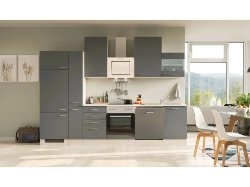 Flex-Well Exclusiv Kochfelder|Kühlschränke<Küchenzeile Morena 310 cm Basaltgrau matt - San Remo Eiche