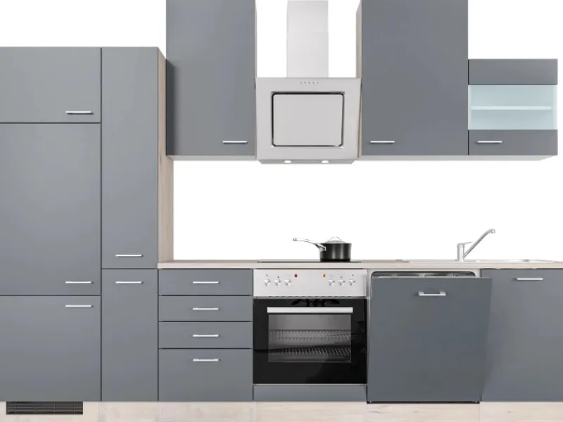 Flex-Well Exclusiv Kochfelder|Kühlschränke<Küchenzeile Morena 310 cm Basaltgrau matt - San Remo Eiche