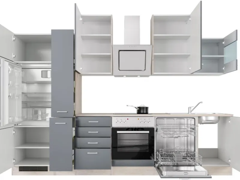 Flex-Well Exclusiv Kochfelder|Kühlschränke<Küchenzeile Morena 310 cm Basaltgrau matt - San Remo Eiche