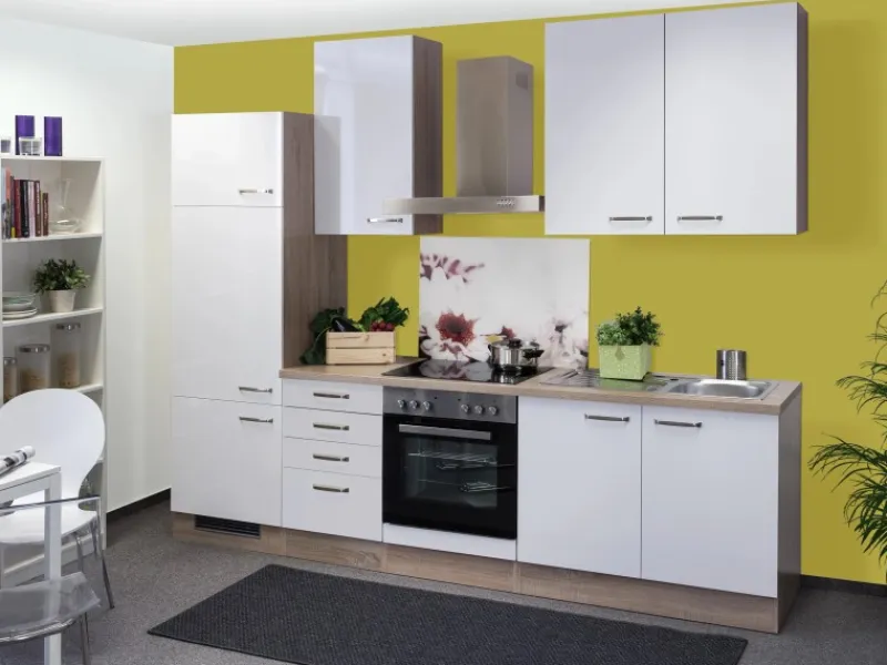 Outlet Flex-Well Exclusiv Küchenzeile Valero 270 cm Hochglanz Weiß-Sonoma Eiche