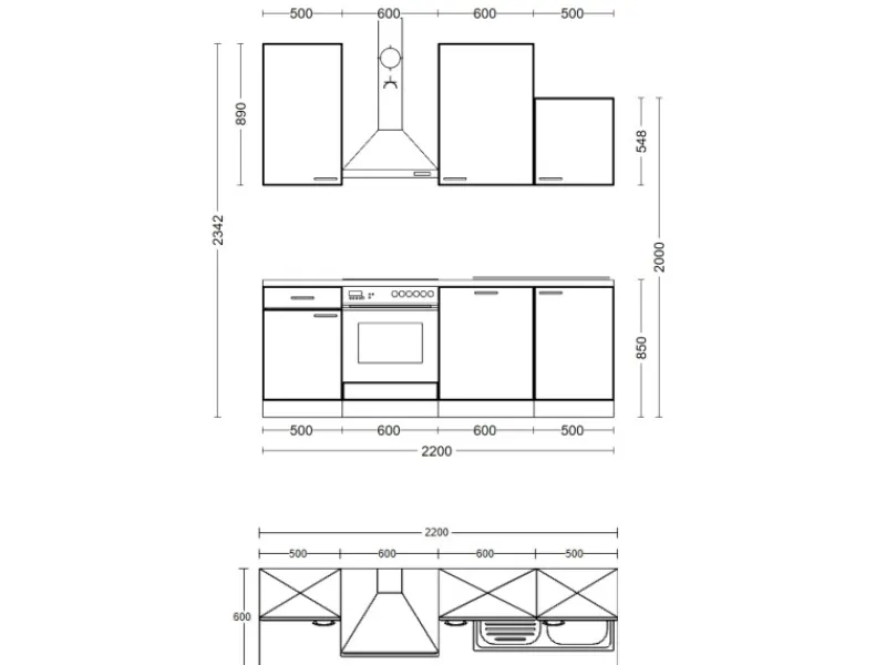 Flex-Well Exclusiv Einbauküchen<Küchenzeile 1701-016 Lund 220 cm Lichtgrau glänzend-Rauchgrau