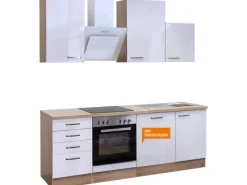 Flex-Well Exclusiv Küchenzeile Valero 220 cm Hochglanz Weiß-Sonoma Eiche< Einbauküchen