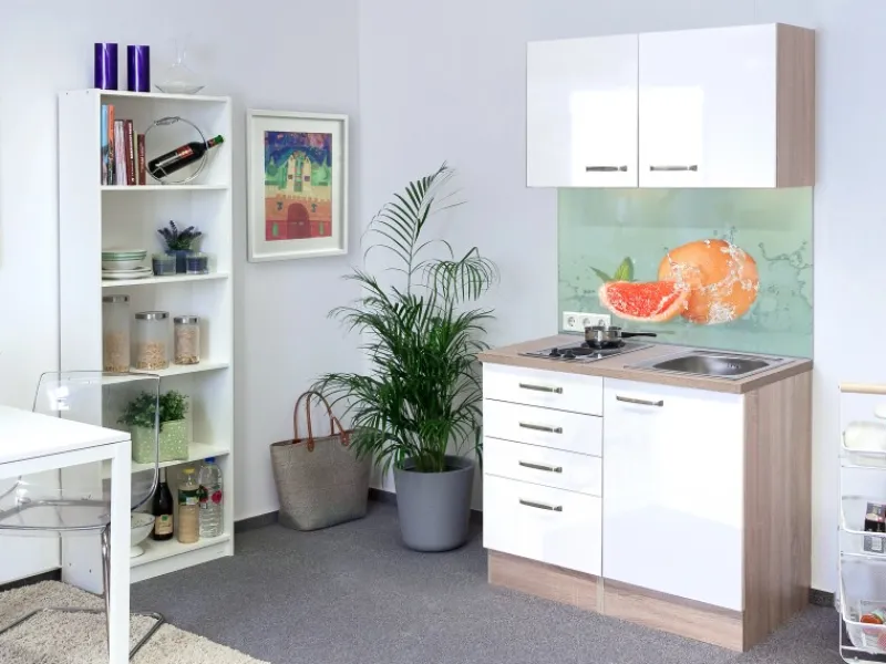 Flex-Well Exclusiv Miniküche Valero 100 cm Hochglanz Weiß-Sonoma Eiche