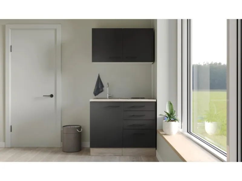 Online Flex-Well Exclusiv Miniküche Capri 100 cm Schwarz Matt-Endgrain Oak