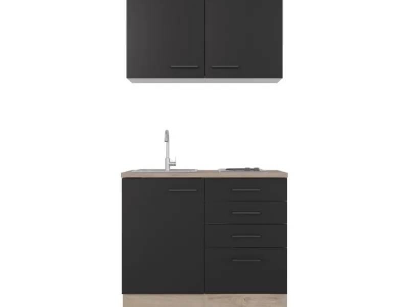 Online Flex-Well Exclusiv Miniküche Capri 100 cm Schwarz Matt-Endgrain Oak