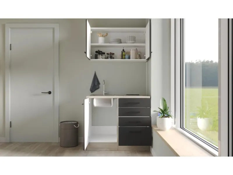 Online Flex-Well Exclusiv Miniküche Capri 100 cm Schwarz Matt-Endgrain Oak