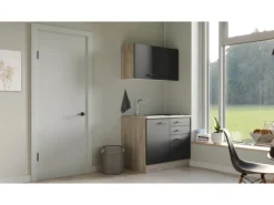 Online Flex-Well Exclusiv Miniküche Capri 100 cm Schwarz Matt-Endgrain Oak