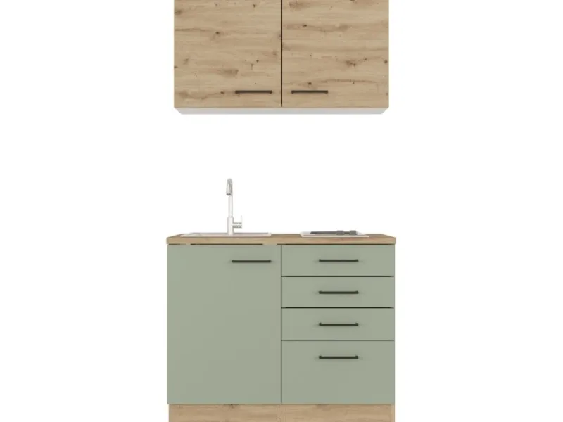 Flex-Well Exclusiv Miniküche Cara 100 cm Schilfgrün matt - Artisan Eiche< Single-Küchen|Pantryküchen