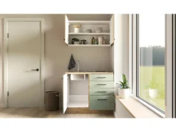 Flex-Well Exclusiv Miniküche Cara 100 cm Schilfgrün matt - Artisan Eiche< Single-Küchen|Pantryküchen