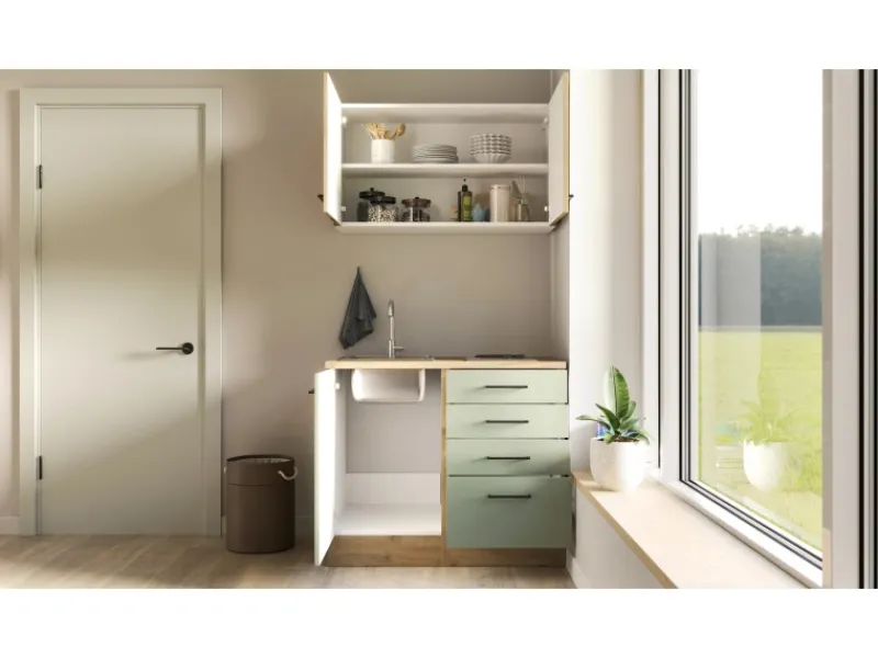 Flex-Well Exclusiv Miniküche Cara 100 cm Schilfgrün matt - Artisan Eiche< Single-Küchen|Pantryküchen