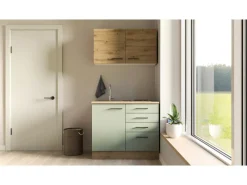 Flex-Well Exclusiv Miniküche Cara 100 cm Schilfgrün matt - Artisan Eiche< Single-Küchen|Pantryküchen