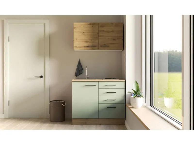 Flex-Well Exclusiv Miniküche Cara 100 cm Schilfgrün matt - Artisan Eiche< Single-Küchen|Pantryküchen