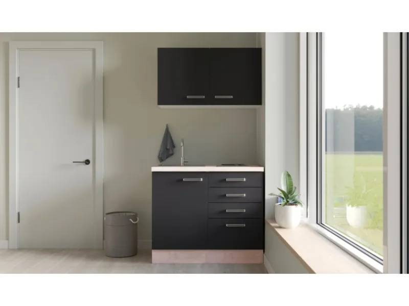 Flex-Well Exclusiv Miniküchen|Kühlschränke<Miniküche Lara 100 cm Anthrazit - San Remo Eiche