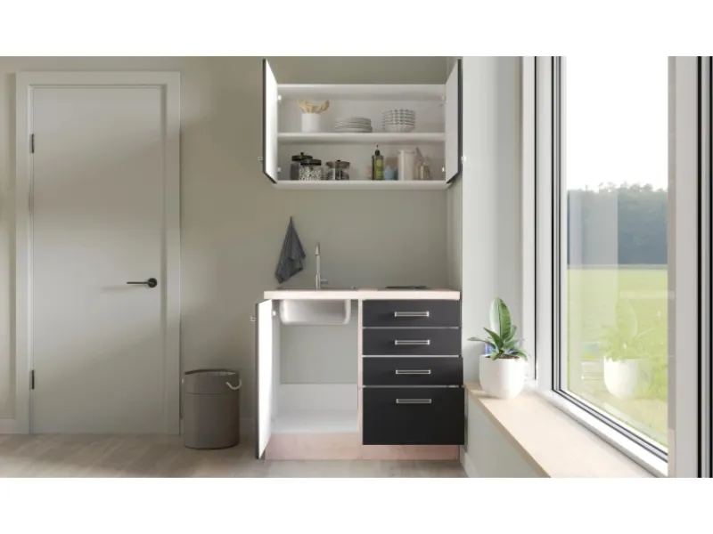 Flex-Well Exclusiv Miniküchen|Kühlschränke<Miniküche Lara 100 cm Anthrazit - San Remo Eiche
