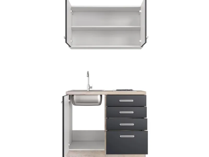 Flex-Well Exclusiv Miniküchen|Kühlschränke<Miniküche Lara 100 cm Anthrazit - San Remo Eiche