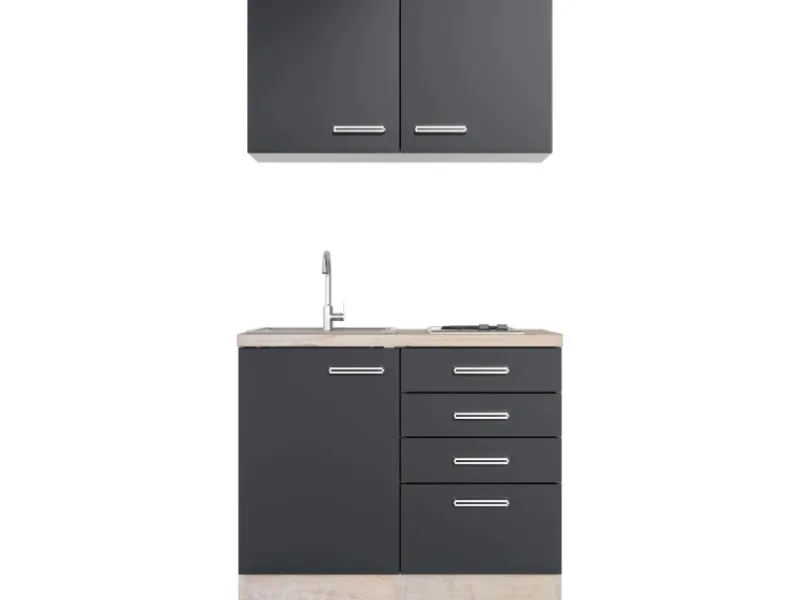 Flex-Well Exclusiv Miniküchen|Kühlschränke<Miniküche Lara 100 cm Anthrazit - San Remo Eiche