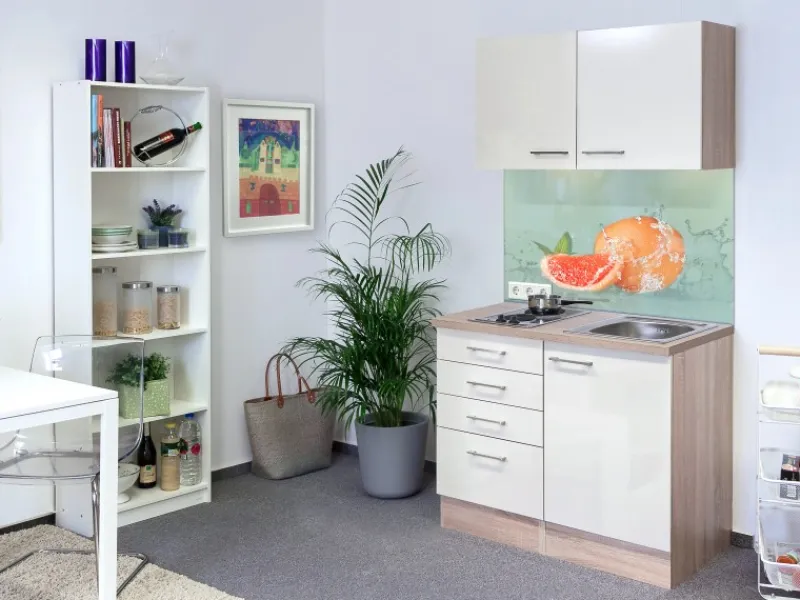Flex-Well Exclusiv Single-Küchen|Pantryküchen<Miniküche Orlando 100 cm Kaschmir Glanz-Sonoma Eiche