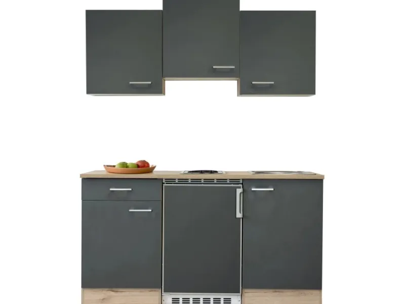 Flex-Well Exclusiv Singleküche Morena 150 cm Basaltgrau matt-San Remo Eiche hell< Single-Küchen|Pantryküchen