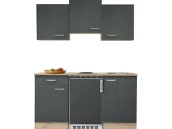 Flex-Well Exclusiv Singleküche Morena 150 cm Basaltgrau matt-San Remo Eiche hell< Single-Küchen|Pantryküchen