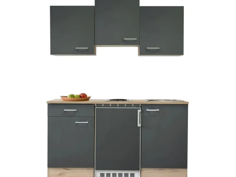 Flex-Well Exclusiv Singleküche Morena 150 cm Basaltgrau matt-San Remo Eiche hell< Single-Küchen|Pantryküchen