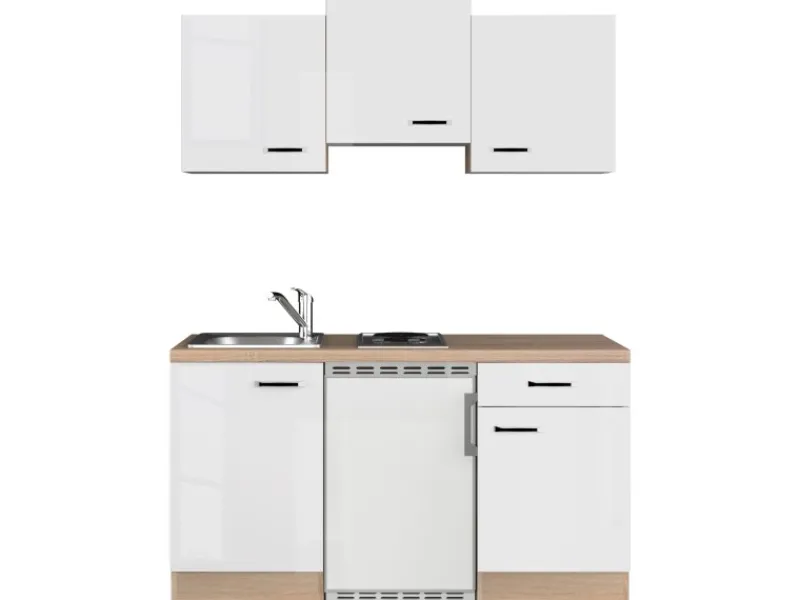 Flex-Well Exclusiv Singleküche Valero 150 cm Hochglanz Weiß - Sonoma Eiche< Single-Küchen|Kühlschränke
