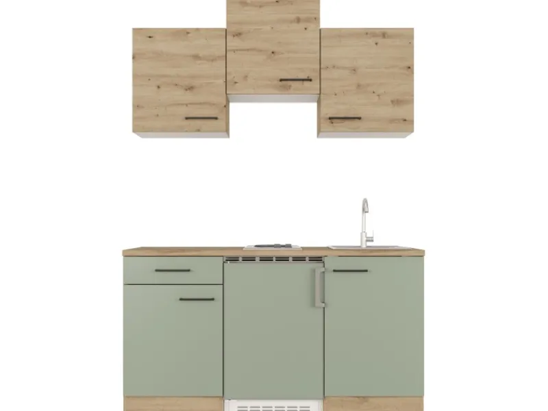Flex-Well Exclusiv Single-Küchen|Pantryküchen<Singleküche Cara 150 cm Schilfgrün matt - Artisan Eiche