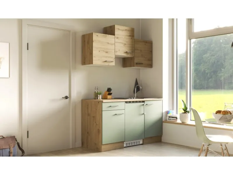 Flex-Well Exclusiv Single-Küchen|Pantryküchen<Singleküche Cara 150 cm Schilfgrün matt - Artisan Eiche