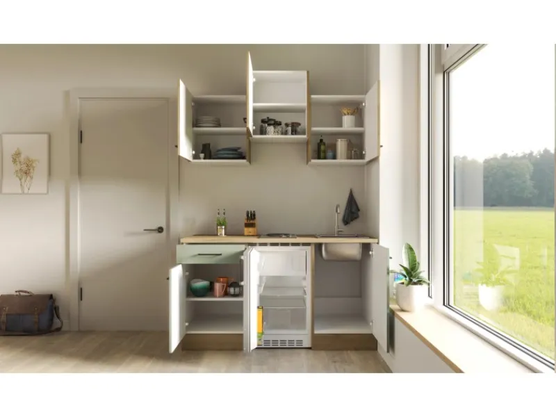 Flex-Well Exclusiv Single-Küchen|Pantryküchen<Singleküche Cara 150 cm Schilfgrün matt - Artisan Eiche