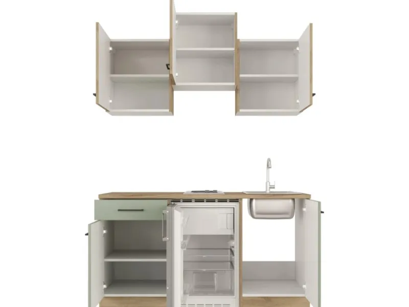 Flex-Well Exclusiv Single-Küchen|Pantryküchen<Singleküche Cara 150 cm Schilfgrün matt - Artisan Eiche