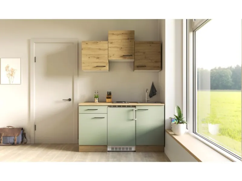 Flex-Well Exclusiv Single-Küchen|Pantryküchen<Singleküche Cara 150 cm Schilfgrün matt - Artisan Eiche