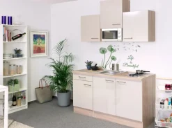 Flex-Well Exclusiv Single-Küchen|Pantryküchen<Singleküche Orlando 150 cm breit Kaschmir Glanz-Sonoma Eiche