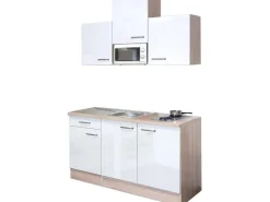 Clearance Flex-Well Exclusiv Singleküche Valero 150 cm breit Hochglanz Weiß-Sonoma Eiche